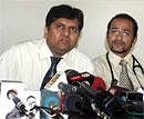 Doctors addressing a press conference about the condition of Pravin Mahajan in Mumbai on Saturday. PTI