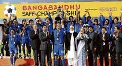 young achievers: Indian players celebrate after clinching the SAFF championship on Sunday. AFP