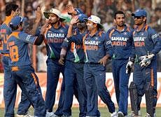 Team India celebrating after defeating Sri lanka by 3 runs in the first ODI at Rajkot (AP)