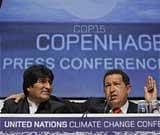Venezuela's President Hugo Chavez, right, and Bolivia's President Evo Morales, left, at a press conference at the UN Climate Conference in Copenhagen Friday. AP