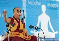 advocating religious tolerance: Buddhist spiritual leader Dalai Lama speaks during at a discourse organised at Buddha Vihara in Gulbarga on Sunday. dh photo