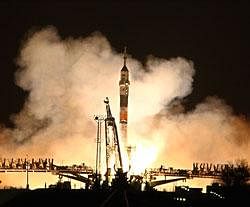 Russian Soyuz TMA-17 spacecraft blasts off to the International Space Station from the launchpad at Baikonur cosmodrome on Sunday. AFP