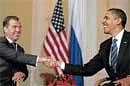 face-off: President Dmitri A Medvedev of Russia and US President Obama have given a new push to the nuclear weapons reduction deal between the two countries.  NYT