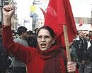Maoist supporters march on the streets on the second day of the three-day strike in Katmandu, Nepal on Monday. AP