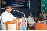introspection: KVAFSU Board of Management member Monappa Karkera delivering the inaugural address at the national seminar on Indian Marine Fisheries - Sustainability at Cross Roads at the College of Fisheries in Mangalore on Tuesday. dh photo