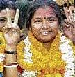 Geeta Koda, wife of former Jharkhand chief minister Madhu Koda, flashes the victory sign after winning the Jagannathpur Assembly seat on Wednesday. PTI