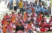 demands Students staging a dharna demanding upgradation of infrastructure in government PU college in Chikkaballapur on Wednesday.DH photo