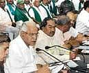 Hearing at last Chief Minister Yeddyurappa along with Chief Secretary S V Ranganath, Power Minister K S Eshwarappa and others at the meeting to address issues of farmers at Vidhana Soudha in Bangalore on Saturday. DH Photo
