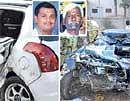 REVELRY/VANDALISM: The mangled remains of the two cars which met with an accident in the City  on Thursday night. (Inset) Hemanth Gowda and Lakshminarasimhaiah who were killed in this accident.  DH photo