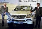 SPORT cLASS: Mercedes-Benz India Managing Director & Chief Executive Officer Wilfried Aulbur (left) and General Manager Marketing Debashish Mitra with Mercedes-Benz GL 350CDI Sports Utility Vehicle that was unveiled, in New Delhi,  on Monday. AFP