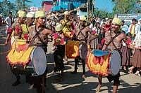 A view of Dollu kunitha as part of the procession for the fourth taluk Kannada Sahithya  Sammelan in Napoklu.  dh photo