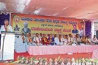 K P Balasubrahmanya Kanjarpane speaking at the Madikeri taluk fourth Kannada Sahithya Sammelan in Napoklu on Monday.