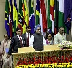 Prime Minister Manmohan Singh with other officials at the 20th Conference of Speakers and Presiding Officers of the Commonwealth in New Delhi on Tuesday. Speaker of Lok Sabha Meira Kumar (L) is also seen. PTI