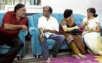 Actor Rajinikanth and his wife Latha seen with Vishnuvardhans widow Bharati at her residence in Bangalore on Wednesday. Actor Ambareesh is also seen. dh photo