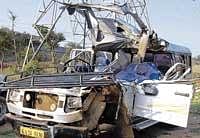 The mangled remains of the vehicle that met with an accident in Chitradurga. dh photo