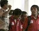 Players of Goa's Churchill Brothers team at Mumbai Airport on Tuesday. PTI