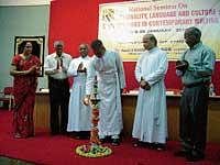 St Aloysius Institutions Rector Fr Joseph Rodrigues inaugurating the national seminar on Nationality, Language and Culture: Contestations in contemporary writing at St Aloysius College in Mangalore on Friday. dh photo