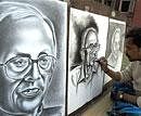 An artist gives final touches to a pencil sketch of former Chief Minister of West Bengal Jyoti Basu, in Kolkata on Friday. PTI