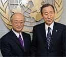 U.N. Secretary-General Ban Ki-moon, right, greets new Director-General of International Atomic Energy Agency Yukiya Amano during their meeting at U.N. headquarters on Friday. AP