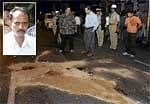 The spot on KG Road where the cop was mowed  down. R Ranganna (inset) DH Photo