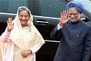 Prime Minister Manmohan Singh and his Bangladeshi counterpart Sheikh Hasina at Rashtrapati Bhawan, in New Delhi on Monday. PTI