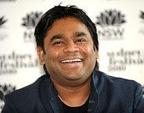 A.R. Rahman laughs during a media conference in Sydney on Thursday. AP