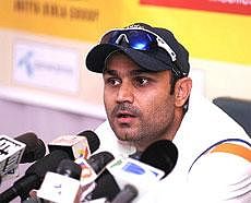 India's vice-captain Virender Sehwag speaks at a press conference in Chittagong on Saturday. AFP