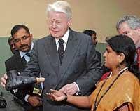 Culture of service: President of Iceland Dr Olafur Ragnar Grimsson along with the Assistant Director of Rehabilitation Service Soikat Ghosh, Director Mobility India Albina Shankar at the workshop on Newer Solutions to Osteoarthritis at Mobility India at JP Nagar in Bangalore on Saturday. DH Photo