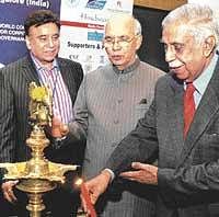 Former chief justice M N Venkatachala, Governor H R Bhardwaj, World Council for Corporate Governance president Dr Madhav Mehra and Industries Secretary V P Baligar at the Corporate Governance Summit in Bangalore. dh photo