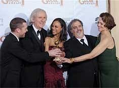 L-R:  Sam Worthington, director James Cameron, Zoe Saldana, producer Jon Landau, and Sigourney Weaver pose with the award for best motion picture drama for Avatar backstage at the 67th Annual Golden Globe Awards on Sunday, in Beverly Hills, Calif. AP