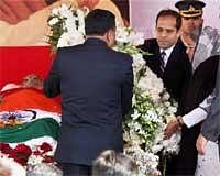 Prime Minister of Bangladesh Sheikh Hasina Wajed pays floral tributes to Communist Patriarch Jyoti Basu at State Assembly in Kolkata on Tuesday. PTI