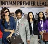 L-R: Owner of Rajasthan Royals Shilpa Shetty, IPL Commissioner Lalit Modi, Kings XI Punjab owner Preity Zinta and team Deccan Chargers Hyderabad owner Gayatri Reddy after the IPL player auction in Mumbai Tuesday. AP