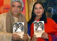 Actress Shabana Azmi along with her husband and lyricist Javed Akhtar launching the book 'Kaifi & I' in Jaipur on Thursday. PTI