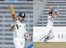 Masters at work: Sachin Tendulkar and Rahul Dravid decimated Bangladesh with brilliant centuries on the second day of the second Test in Dhaka. AP