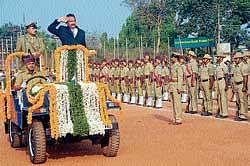 District-in-Charge Minister Krishna J Palemar receiving the guard of honour at Republic Day celebrations in Mangalore.