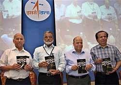 ISRO Chairman K Radhakrishnan along with former Chairmen U R Rao (L), K. Kasturirangan (2nd R), G. Madhavan Nair (R) during the release of a book titled 'Moon Mission : Exploring the Moon with Chandrayaan-1" at Antariksh Bhavan in Bangalore on Wednesday. PTI