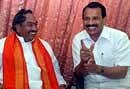 KS Eshwarappa  with former President of state BJP, Sadananda Gowda at state BJP office in Bangalore on Thursday. KPN