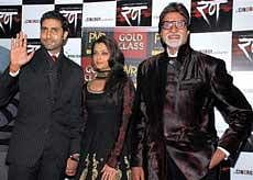 Megastar Amitabh Bachchan along with Abhishek Bachchan and Aishwarya Rai at the premier of film 'Rann' in New Delhi on Thursday night. PTI