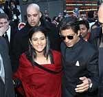 ShahRukh Khan and Kajol at NASDAQ on Times Square, New York on Monday to promote their latest movie 'My name is Khan'. PTI