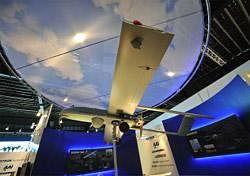 An Unmanned Aerial Vehicle (UAV) lightweight system for aerial surveillance the Shadow 200 is exhibited in the AAI Corp pavillion at the Singapore Airshow on Wednesday. AFP