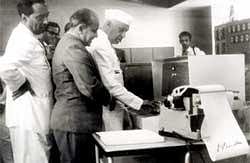 Late Prime Minister Jawaharlal Nehru being shown the first TIFRAC by Dr Homi Bhabha (L) and Dr D Y Phadke (2nd L) on January 15, 1962. PTI