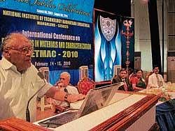 Chairman of Prime Minsters Scientific Advisory Board Prof C N R Rao speaking at the international conference on Recent Trends in Materials and Characterisation at NITK on Sunday.