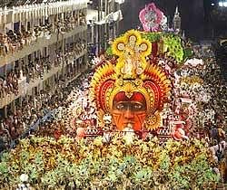 Members of Salgueiro samba school parade during carnival celebrations at the Sambadrome in Rio de Janeiro on Monday. AP