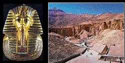 Tutankhamuns golden mask. (Right) The Valley of the Kings.