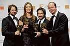 Mark Boal (left), Kathryn Bigelow (2nd left), Greg Shapiro (2nd right) and Nicholas Chartier pose for photographers with their BAFTA for 'Best Film' for 'The Hurt Locker' at the Royal Opera House in London, on Monday. AFP