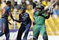 Indian cricket players Yusuf Pathan, left, and Rohit Sharma celebrate the wicket of South Africa's Loots Bosman (R) during the third one day cricket match in Ahmedabad, Saturday. AP