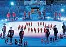 Canadian mounty dancers perform during the closing ceremony of the Winter Olympics on Sunday. AFP
