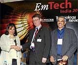 Biocon CMD Kiran Mazumdar Shaw(left) with Andreas Kirchner of Federal Ministry of Education & Research and Technology Review India Group Editor N Suresh  at Em Tech  India 2010 seminar in Bnagalore on Monday. DH Photo