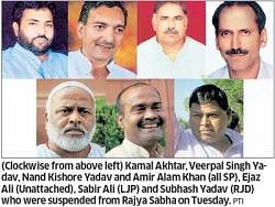 (Clockwise from above left) Kamal Akhtar, Veerpal Singh Yadav, Nand Kishore Yadav and Amir Alam Khan (all SP), Ejaz Ali (Unattached), Sabir Ali (LJP) and Subhash Yadav (RJD) who were suspended from Rajya Sabha on Tuesday. PTI