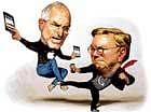 SILICON SLUGFEST Apple co-founder Steve P Jobs (left) & Google CEO Eric Schmidt battling it out over iPhone. nyt